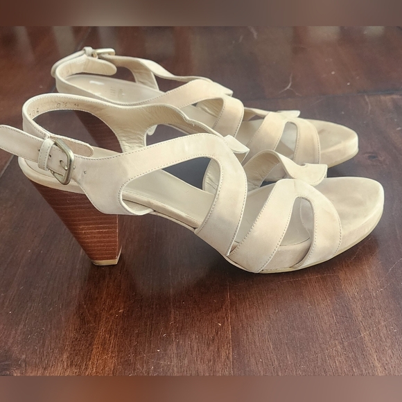 Stuart Weitzman Cream Nubuck Leather Caged Sandals With Wooden Heels Sz 8.5 M - Picture 3 of 7